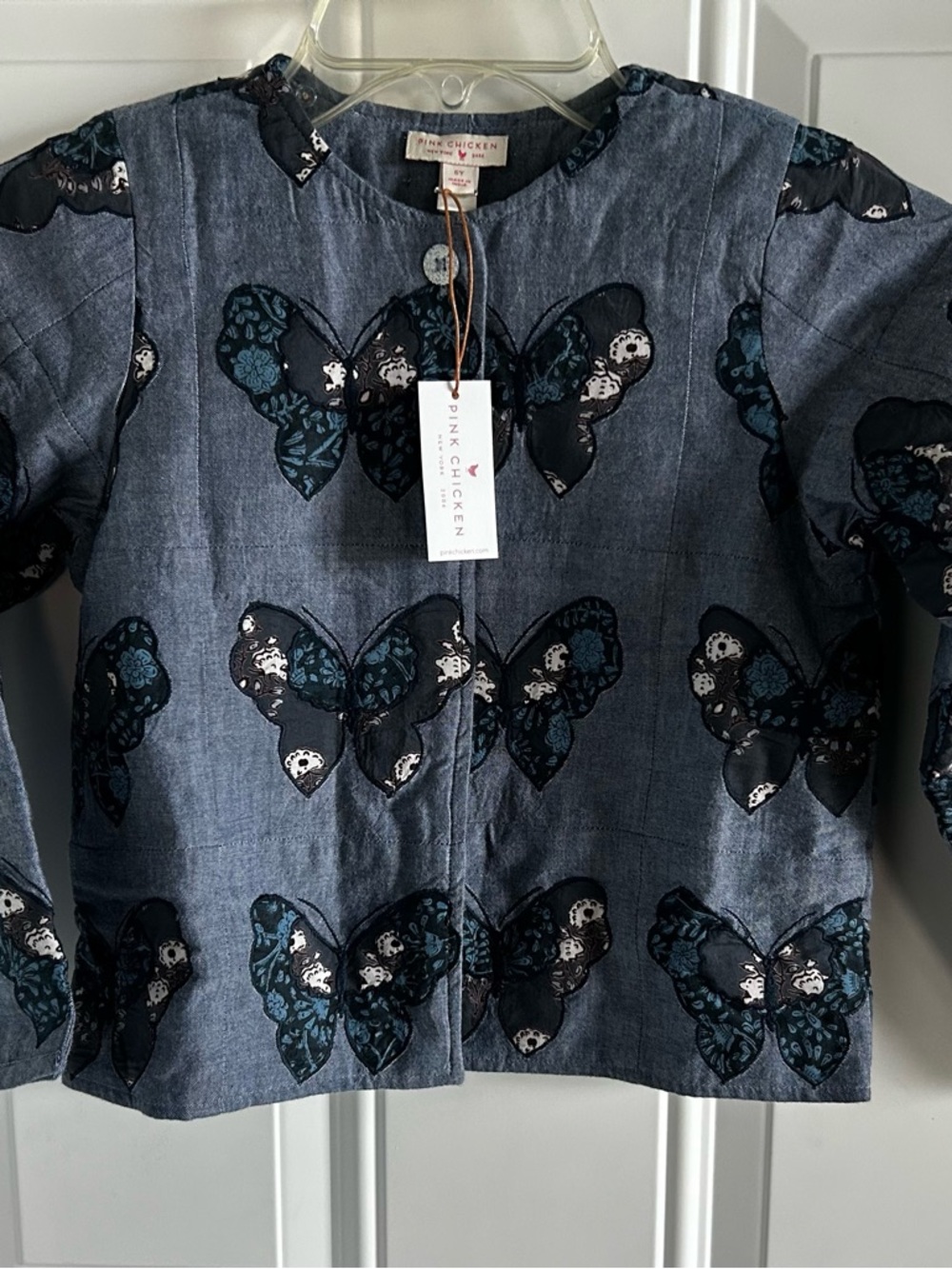 Pink Chicken Blue Chambray Butterfly Reversible Quilted Jacket Sz 6 - Picture 2 of 7